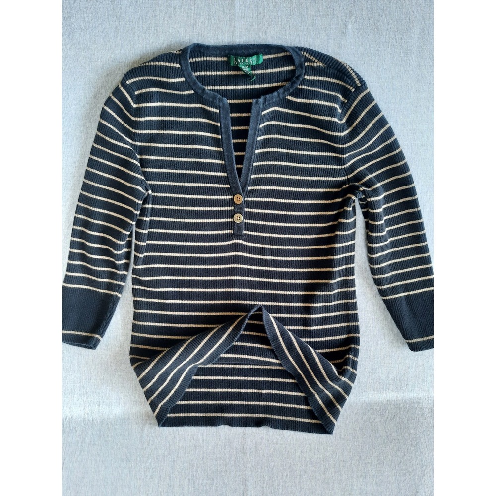 Lauren Ralph Lauren Women's Medium Knit Stripe V-Neck Pullover Sweater‎ Metallic